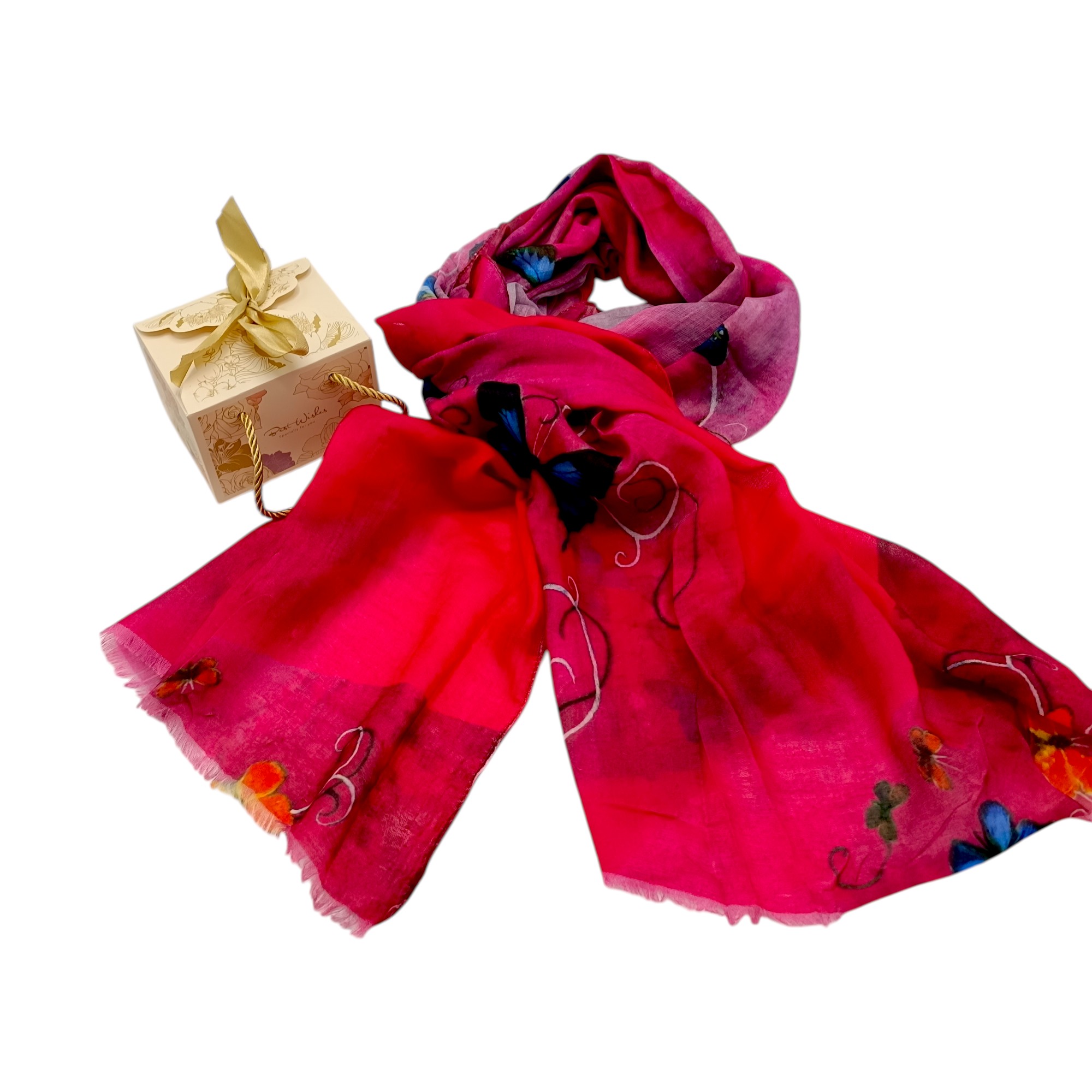 Eșarfă damă bumbac 100% – Fuchsia Blue Butterflies BR09-6 (65x180 cm) Print Artistic, Cutie Cadou (8) Eșarfă damă bumbac 100% – Fuchsia Blue Butterflies BR09-6 (65x180 cm) | Print Artistic, Cutie Cadou