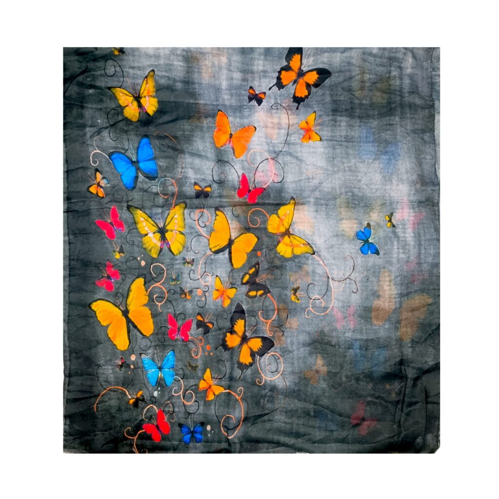 Eșarfă damă bumbac 100% – Golden Butterflies Anthracite B09-4 (65x180 cm) | Print Artistic, Cutie Cadou Eșarfă damă bumbac 100% – Golden Butterflies Anthracite B09-4 (65x180 cm) | Print Artistic, Cutie Cadou