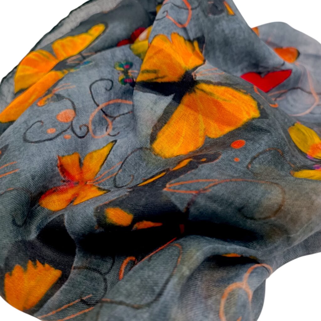 Eșarfă damă bumbac 100% – Golden Butterflies Anthracite B09-4 (65x180 cm) | Print Artistic, Cutie Cadou Eșarfă damă bumbac 100% – Golden Butterflies Anthracite B09-4 (65x180 cm) | Print Artistic, Cutie Cadou