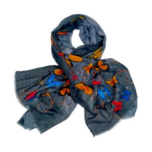 Eșarfă damă bumbac 100% – Golden Butterflies Anthracite B09-4 (65x180 cm) | Print Artistic, Cutie Cadou