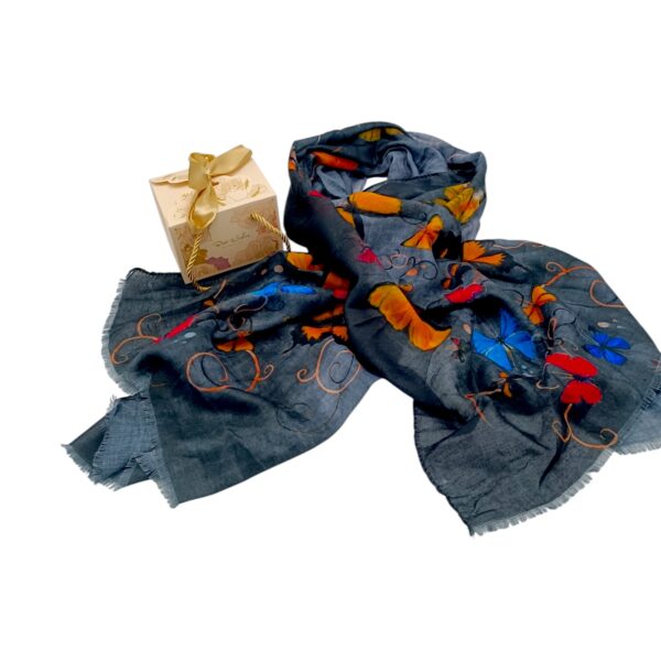 Eșarfă damă bumbac 100% – Golden Butterflies Anthracite B09-4 (65x180 cm) | Print Artistic, Cutie Cadou
