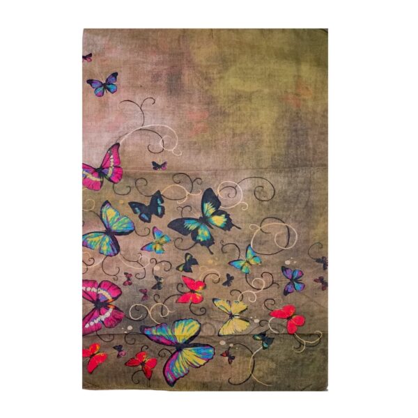 Eșarfă damă bumbac 100% – Olive Earth Butterflies BR09-7 (65x180 cm) | Print Artistic, Cutie Cadou
