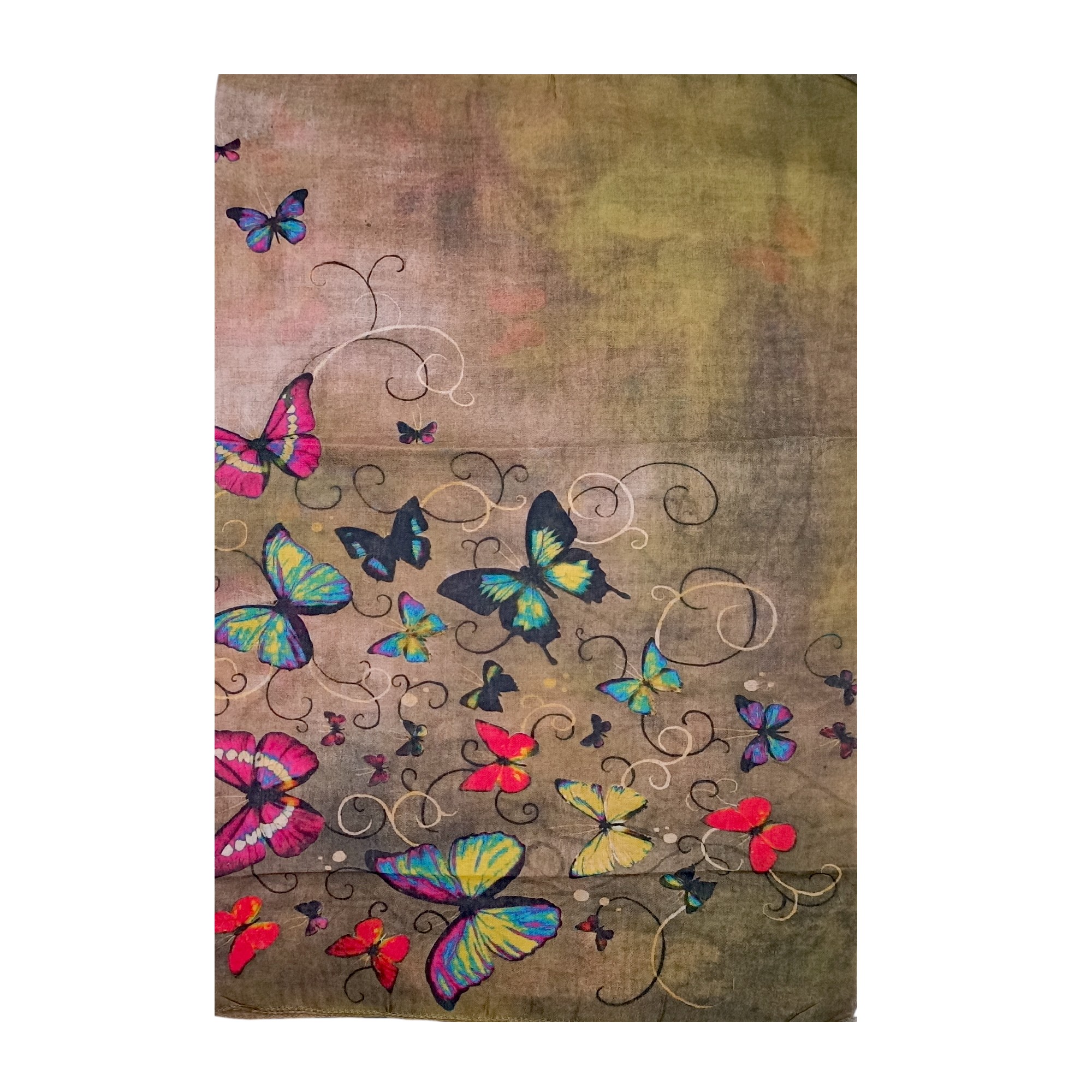 Eșarfă damă bumbac 100% – Olive Earth Butterflies BR09-7 (65x180 cm) | Print Artistic, Cutie Cadou