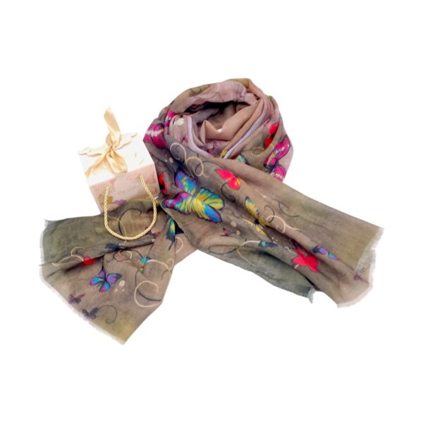 Eșarfă damă bumbac 100% – Olive Earth Butterflies BR09-7 (65x180 cm) | Print Artistic, Cutie Cadou