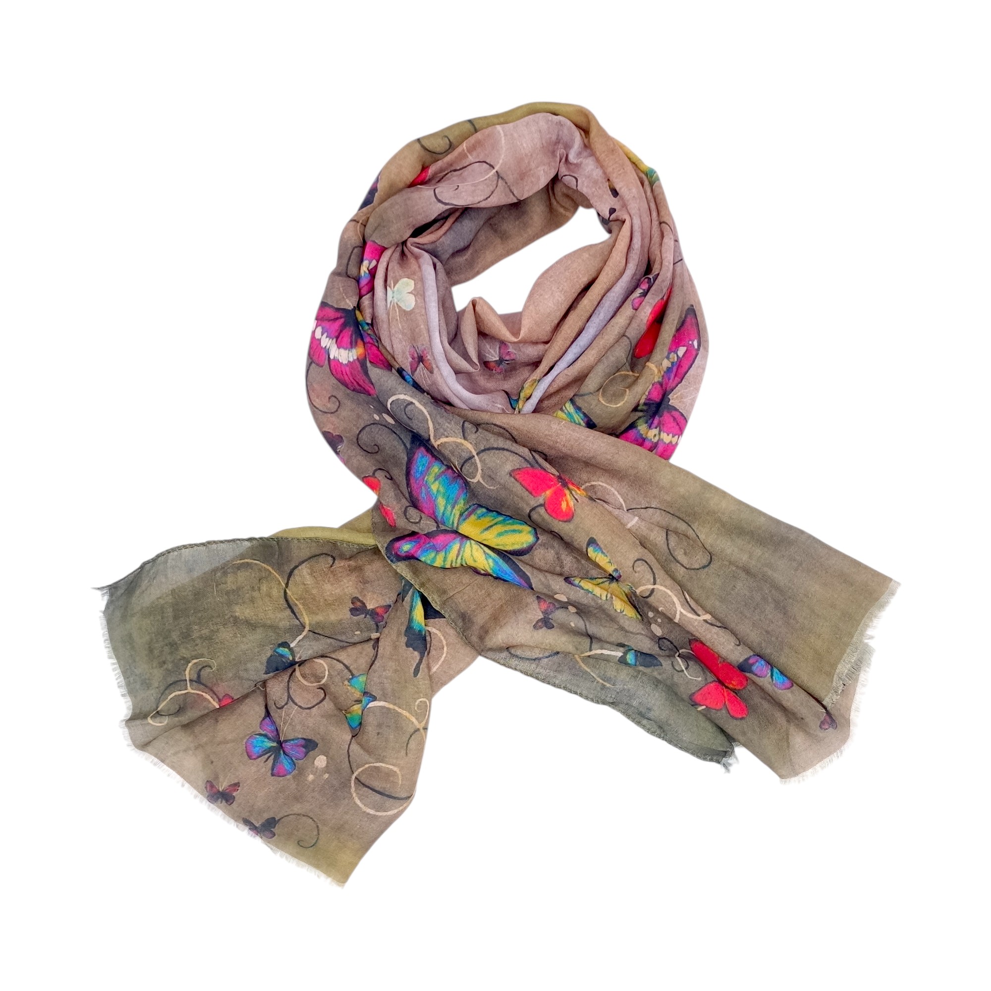 Eșarfă damă bumbac 100% – Olive Earth Butterflies BR09-7 (65x180 cm) | Print Artistic, Cutie Cadou