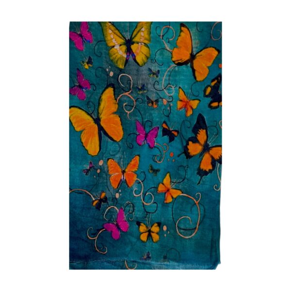 Eșarfă damă bumbac 100% – Turquoise Butterfly Garden B09-3 (65x180 cm) | Print Artistic, Cutie Cadou