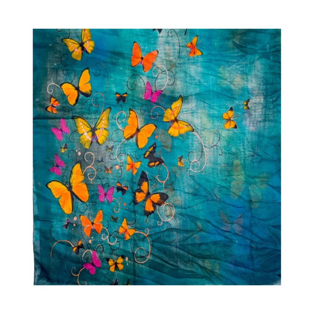 Eșarfă damă bumbac 100% – Turquoise Butterfly Garden B09-3 (65x180 cm) | Print Artistic, Cutie Cadou Eșarfă damă bumbac 100% – Turquoise Butterfly Garden B09-3 (65x180 cm) | Print Artistic, Cutie Cadou