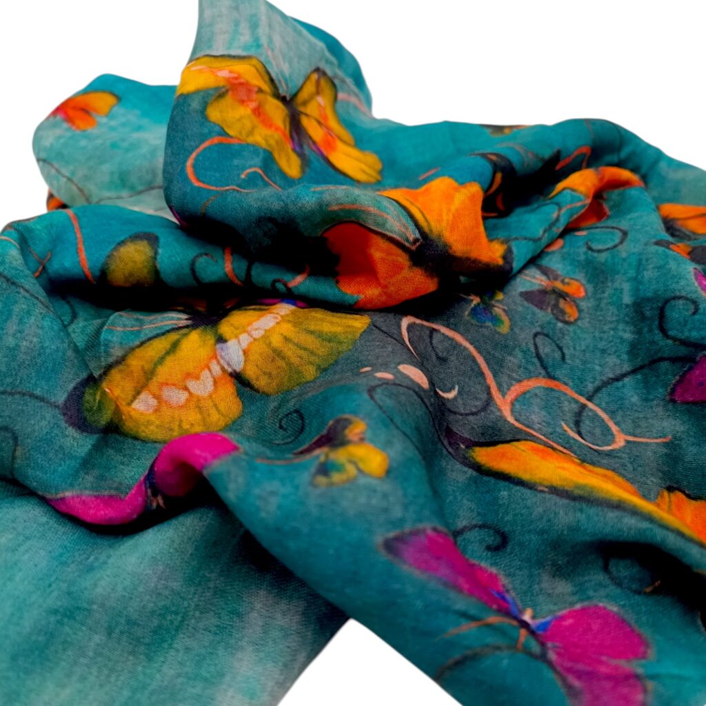 Eșarfă damă bumbac 100% – Turquoise Butterfly Garden B09-3 (65x180 cm) | Print Artistic, Cutie Cadou Eșarfă damă bumbac 100% – Turquoise Butterfly Garden B09-3 (65x180 cm) | Print Artistic, Cutie Cadou
