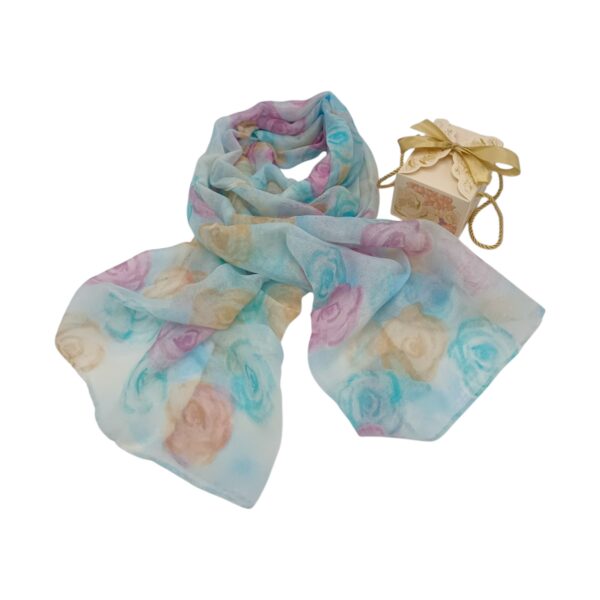 Eșarfă damă din viscoză „Aqua Blossom” LX2552-5 – 180x48 cm | Floral turcoaz pastel, Cutie Cadou inclusă