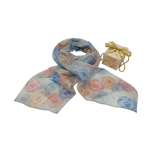 Eșarfă damă din viscoză „Blue Blossom” LX2552-3 – 180x48 cm | Floral albastru pastel, Cutie Cadou inclusă