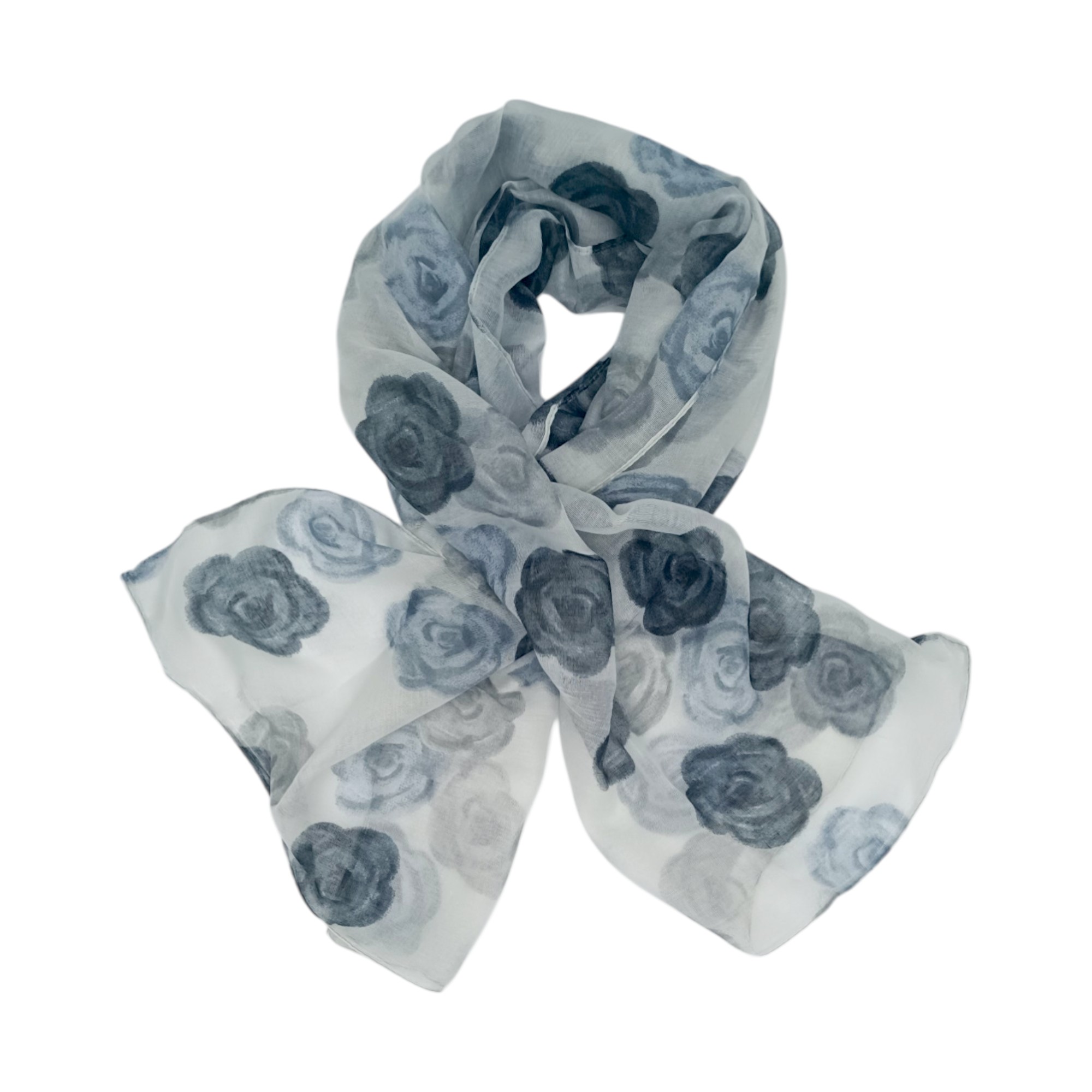Eșarfă damă din viscoză „Silver Rose” LX2552-6 – 180x48 cm | Floral gri elegant, Cutie Cadou inclusă