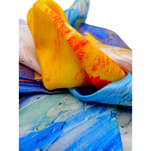 Eșarfă damă mătase naturală 100% – Abstract Sunrise SG10-5 (70×70 cm) | Print Artistic Vibrant, Cutie Cadou