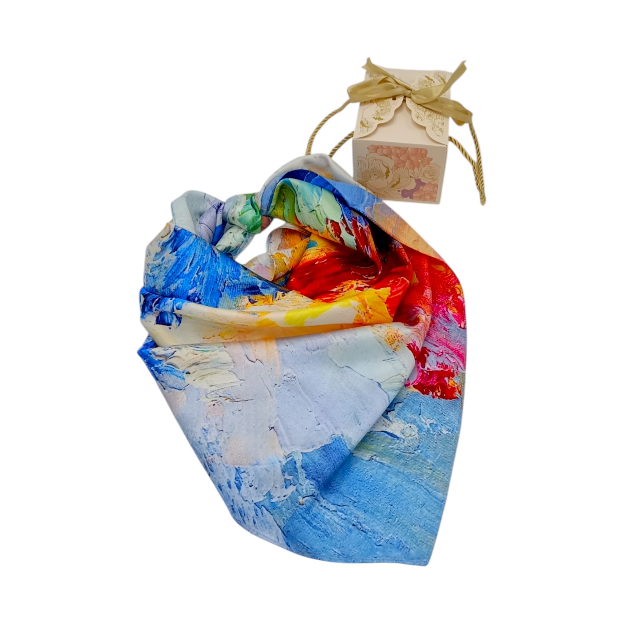 Eșarfă damă mătase naturală 100% – Abstract Sunrise SG10-5 (70×70 cm) | Print Artistic Vibrant, Cutie Cadou