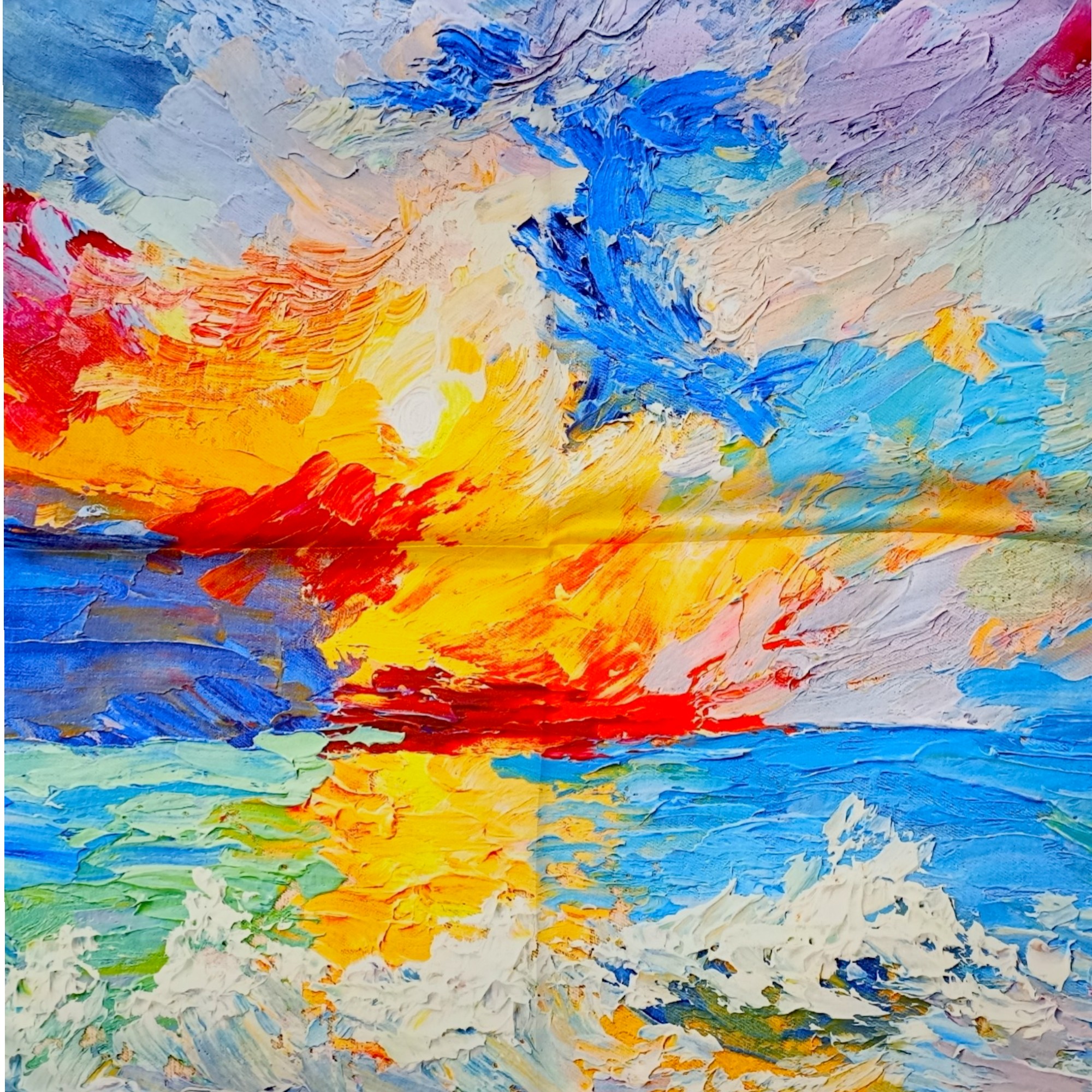Eșarfă damă mătase naturală 100% – Abstract Sunrise SG10-5 (70×70 cm) | Print Artistic Vibrant, Cutie Cadou