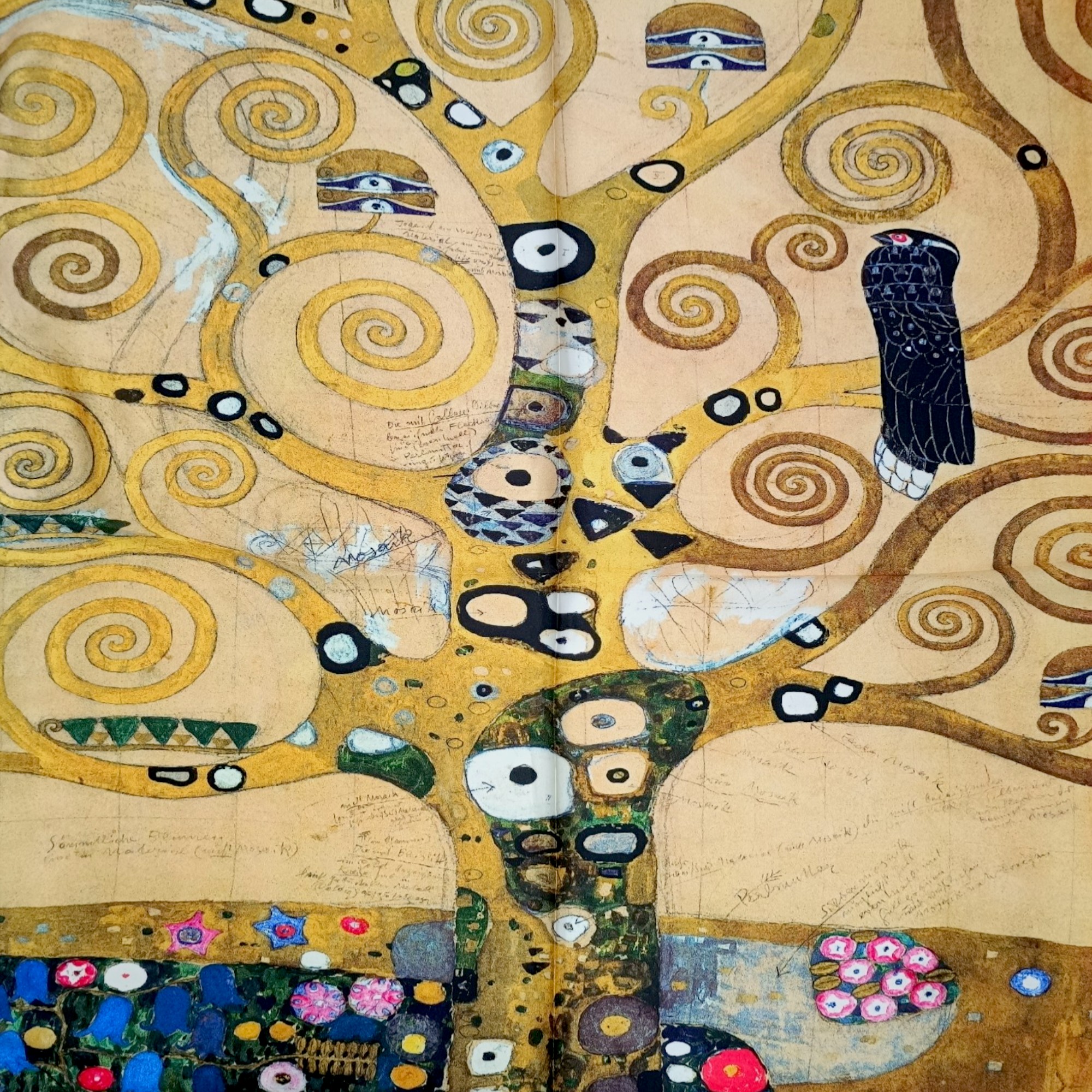 Eșarfă damă mătase naturală 100% – Golden Tree SG10-4 (70×70 cm) | Print Artistic Inspirat, Cutie Cadou