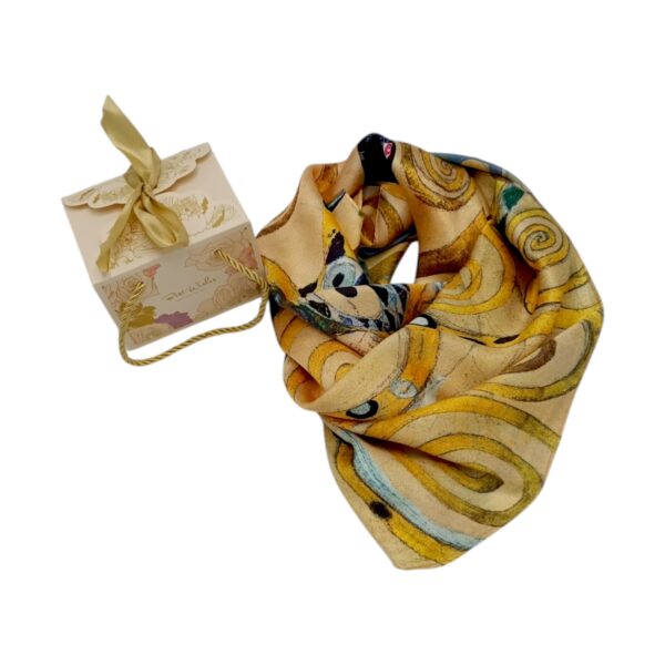 Eșarfă damă mătase naturală 100% – Golden Tree SG10-4 (70×70 cm) | Print Artistic Inspirat, Cutie Cadou