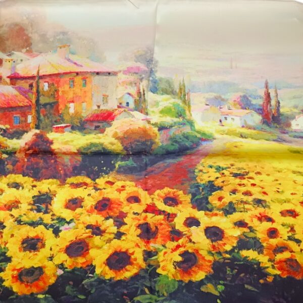 Eșarfă damă mătase naturală 100% – Sunflower Landscape SG10-3 (70×70 cm) | Print Artistic Impressionist, Cutie Cadou