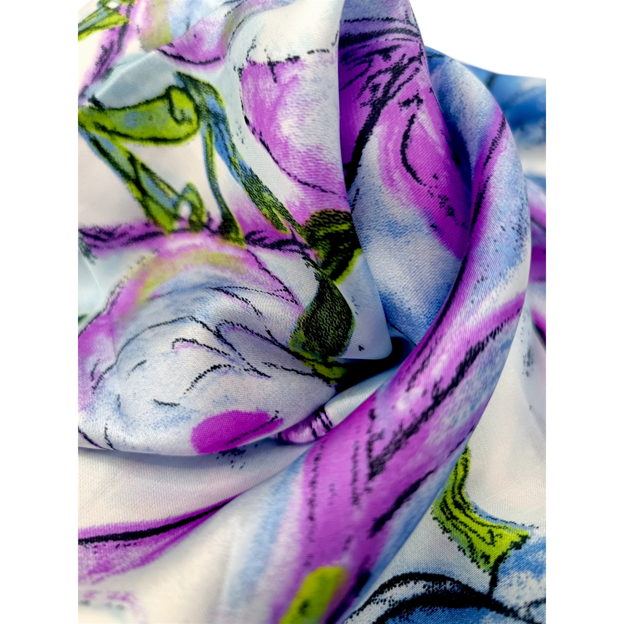 Eșarfă damă pătrată „Blue Amethyst Bloom” YF73-2 – 70x70 cm, 100% viscoză | Print floral artistic, Cutie Cadou inclusă