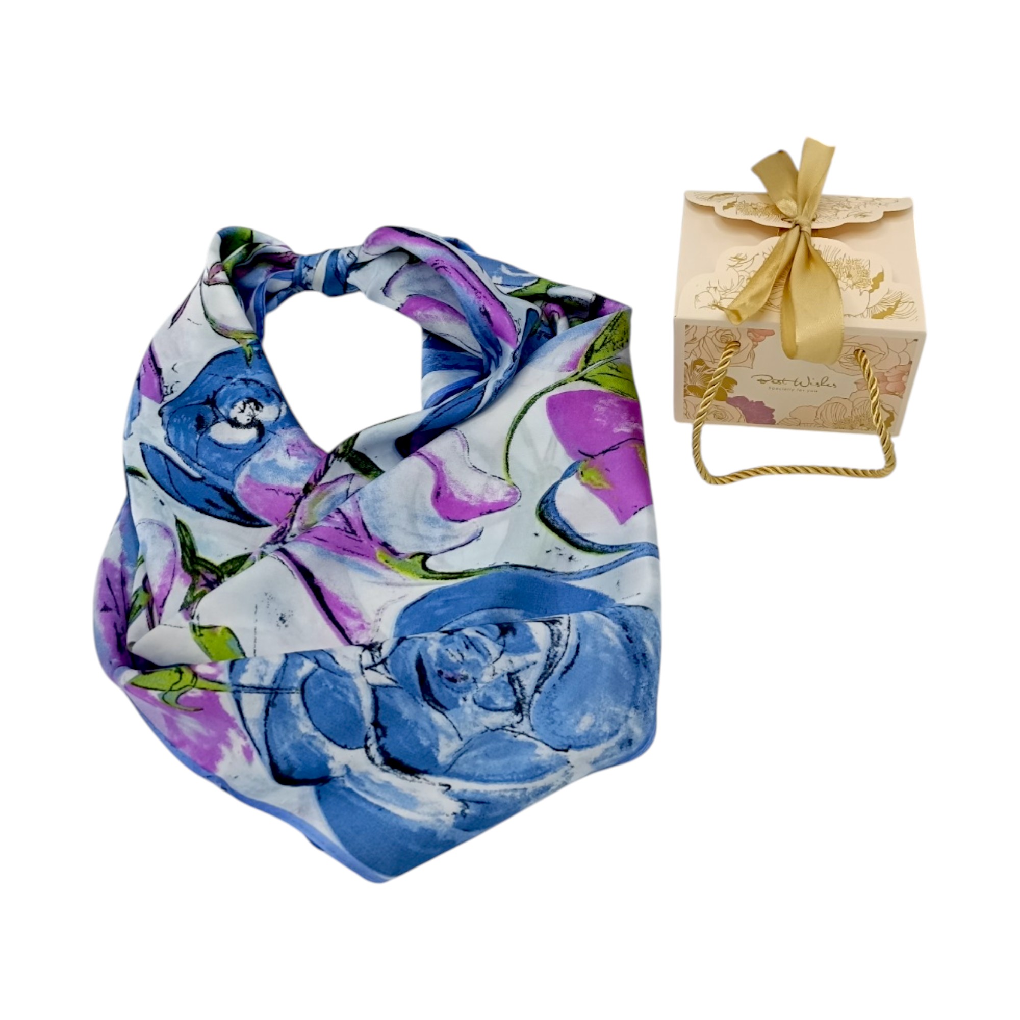 Eșarfă damă pătrată „Blue Amethyst Bloom” YF73-2 – 70x70 cm, 100% viscoză | Print floral artistic, Cutie Cadou inclusă