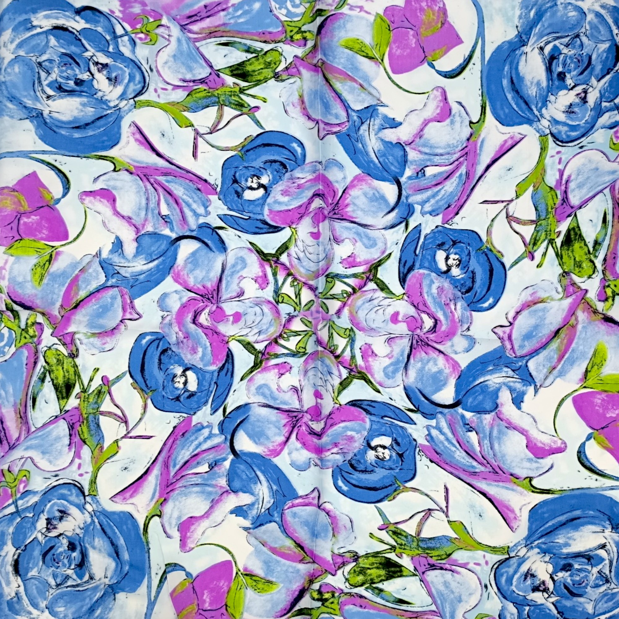 Eșarfă damă pătrată „Blue Amethyst Bloom” YF73-2 – 70x70 cm, 100% viscoză | Print floral artistic, Cutie Cadou inclusă