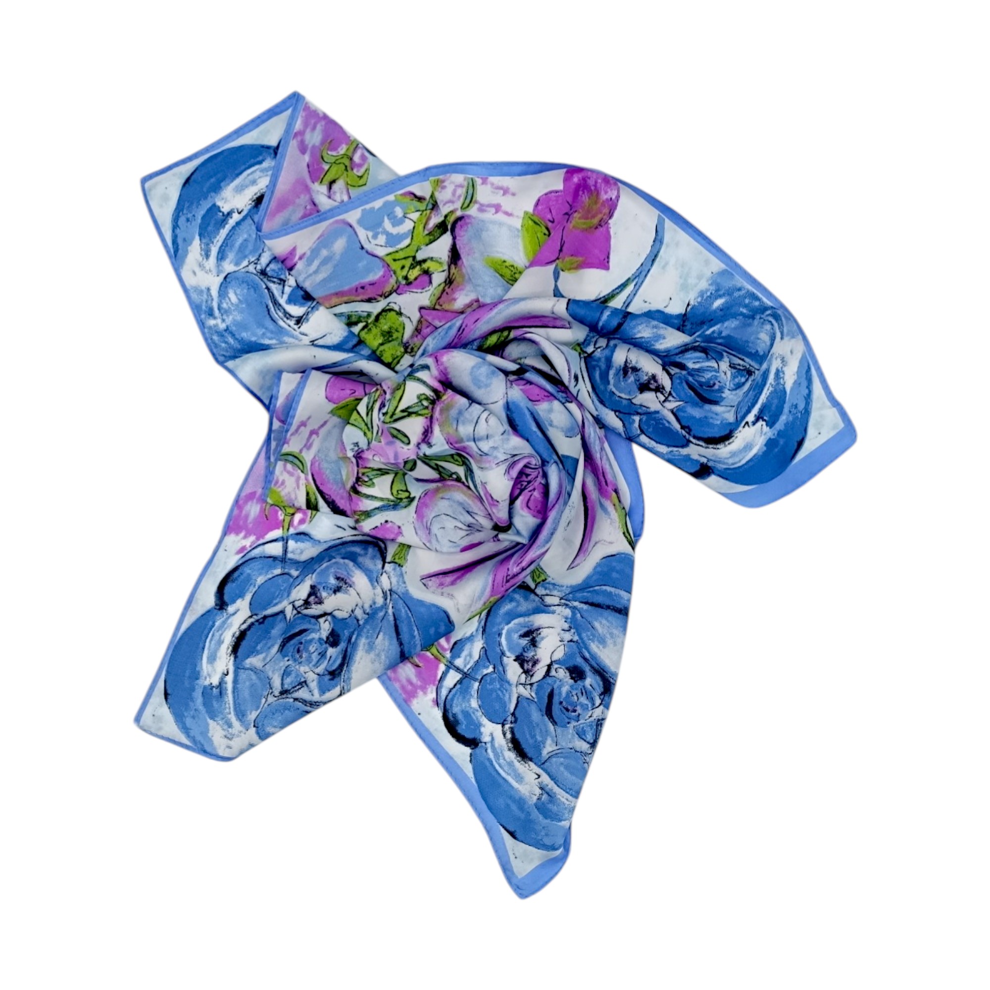 Eșarfă damă pătrată „Blue Amethyst Bloom” YF73-2 – 70x70 cm, 100% viscoză | Print floral artistic, Cutie Cadou inclusă