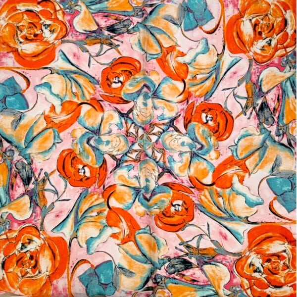 Eșarfă damă pătrată „Coral Mirage” YF73-1 – 70x70 cm, 100% viscoză | Print artistic floral, Cutie Cadou inclusă
