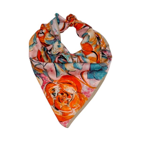 Eșarfă damă pătrată „Coral Mirage” YF73-1 – 70x70 cm, 100% viscoză | Print artistic floral, Cutie Cadou inclusă