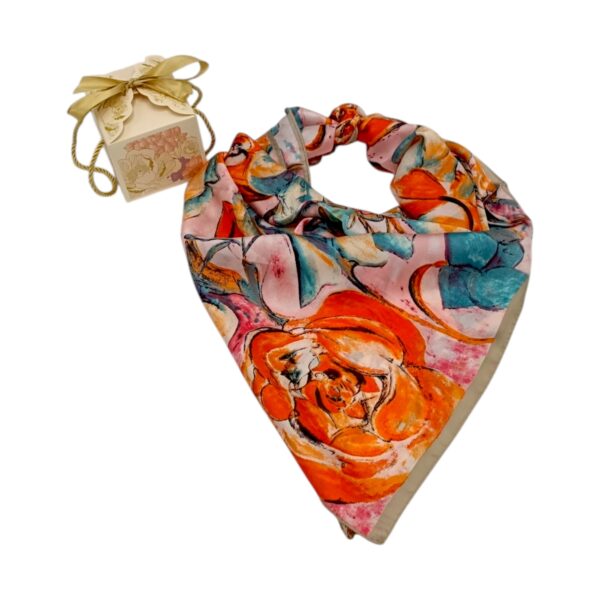 Eșarfă damă pătrată „Coral Mirage” YF73-1 – 70x70 cm, 100% viscoză | Print artistic floral, Cutie Cadou inclusă