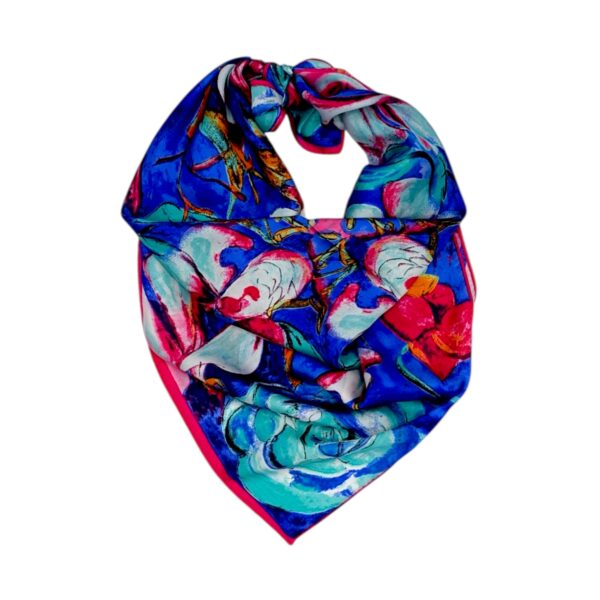 Eșarfă damă pătrată „Electric Turquoise” YF73-5 – 70x70 cm, 100% viscoză | Print floral artistic, Cutie Cadou inclusă