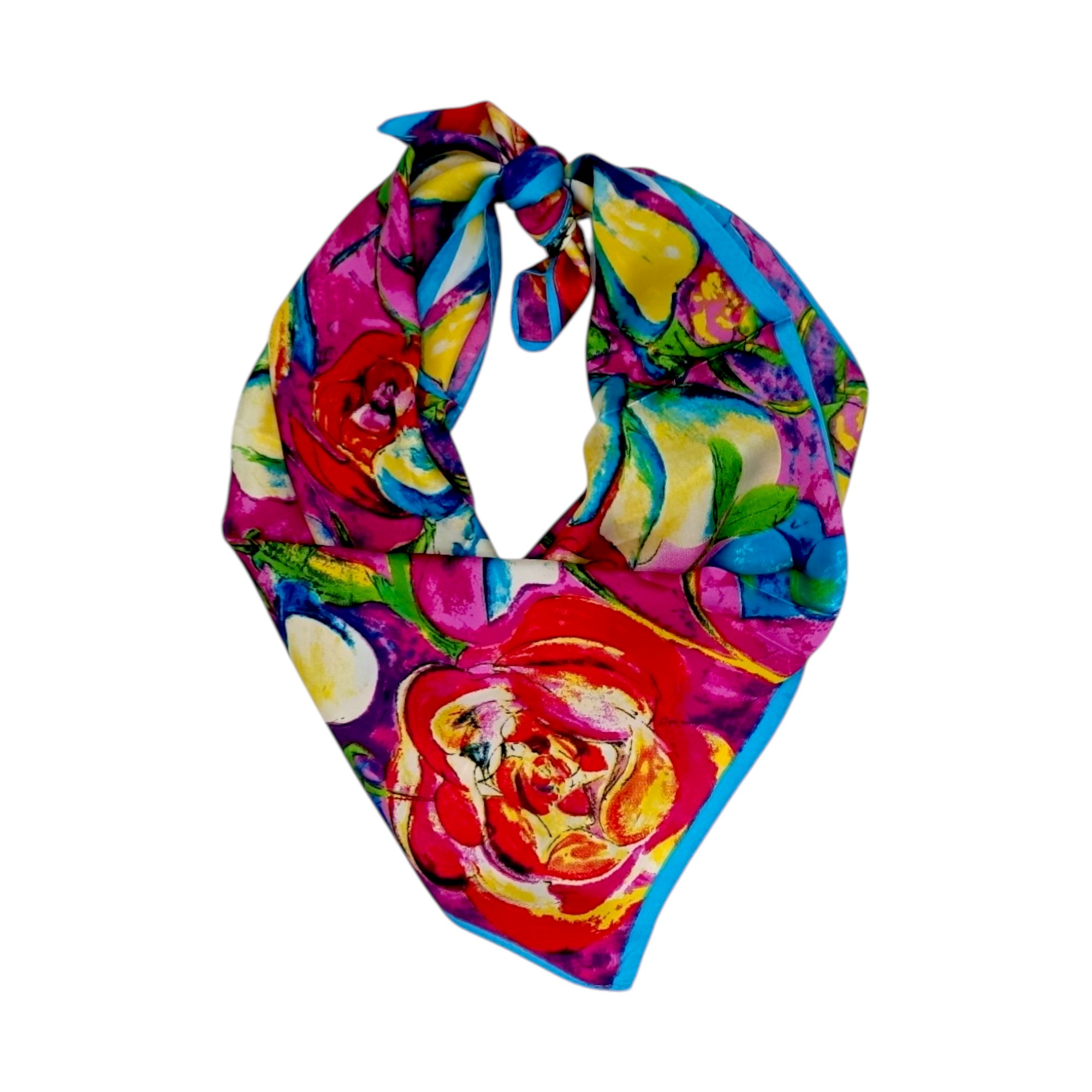 Eșarfă damă pătrată „Fuchsia Bloom” YF73-4 – 70x70 cm, 100% viscoză Print floral artistic, Cutie Cadou inclusă