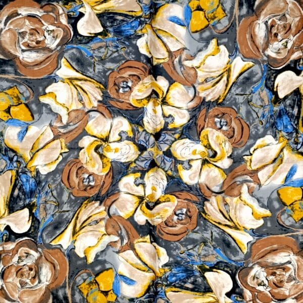 Eșarfă damă pătrată „Golden Mocha Noir” YF73-3 – 70x70 cm, 100% viscoză Print floral artistic, Cutie Cadou inclusă