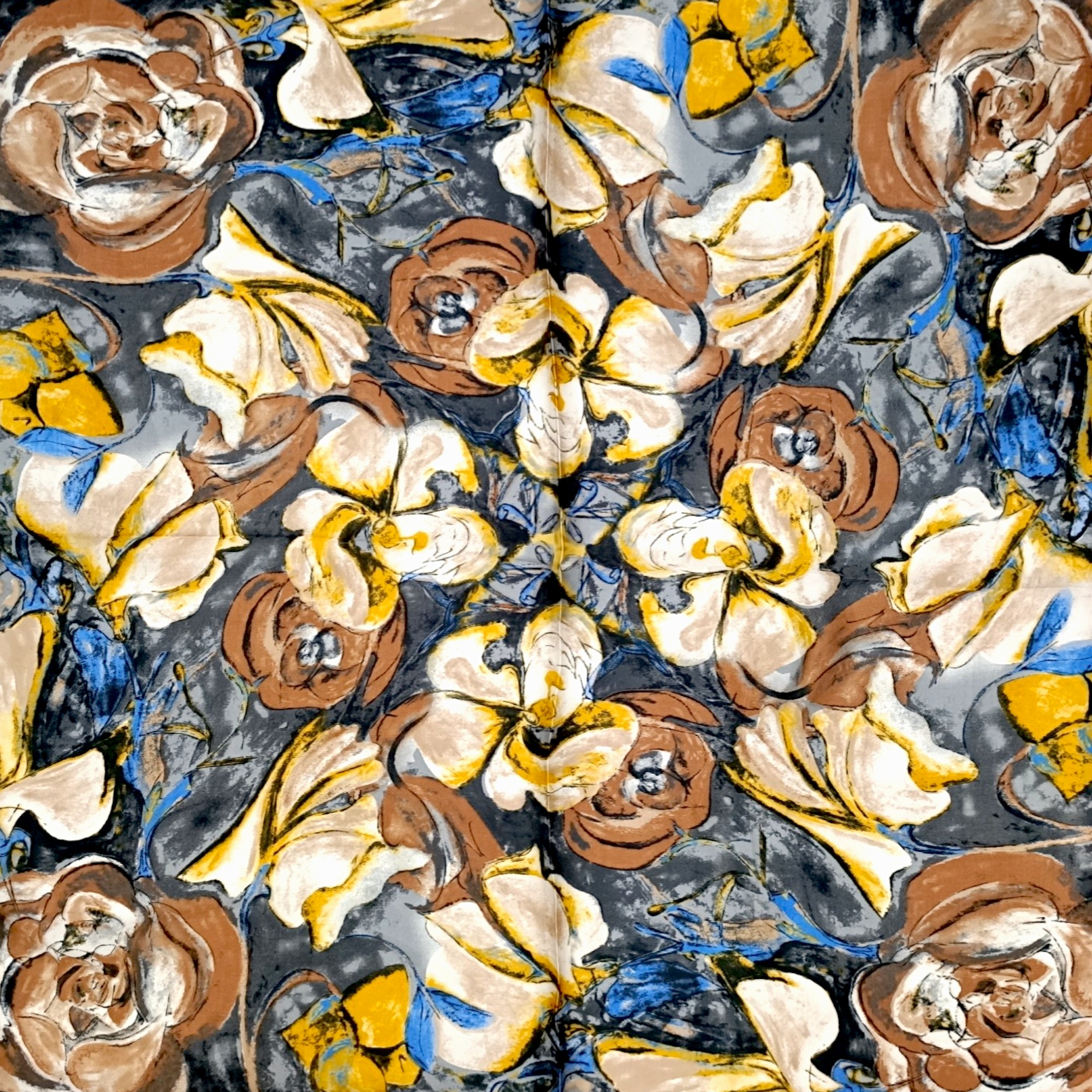 Eșarfă damă pătrată „Golden Mocha Noir” YF73-3 – 70x70 cm, 100% viscoză Print floral artistic, Cutie Cadou inclusă