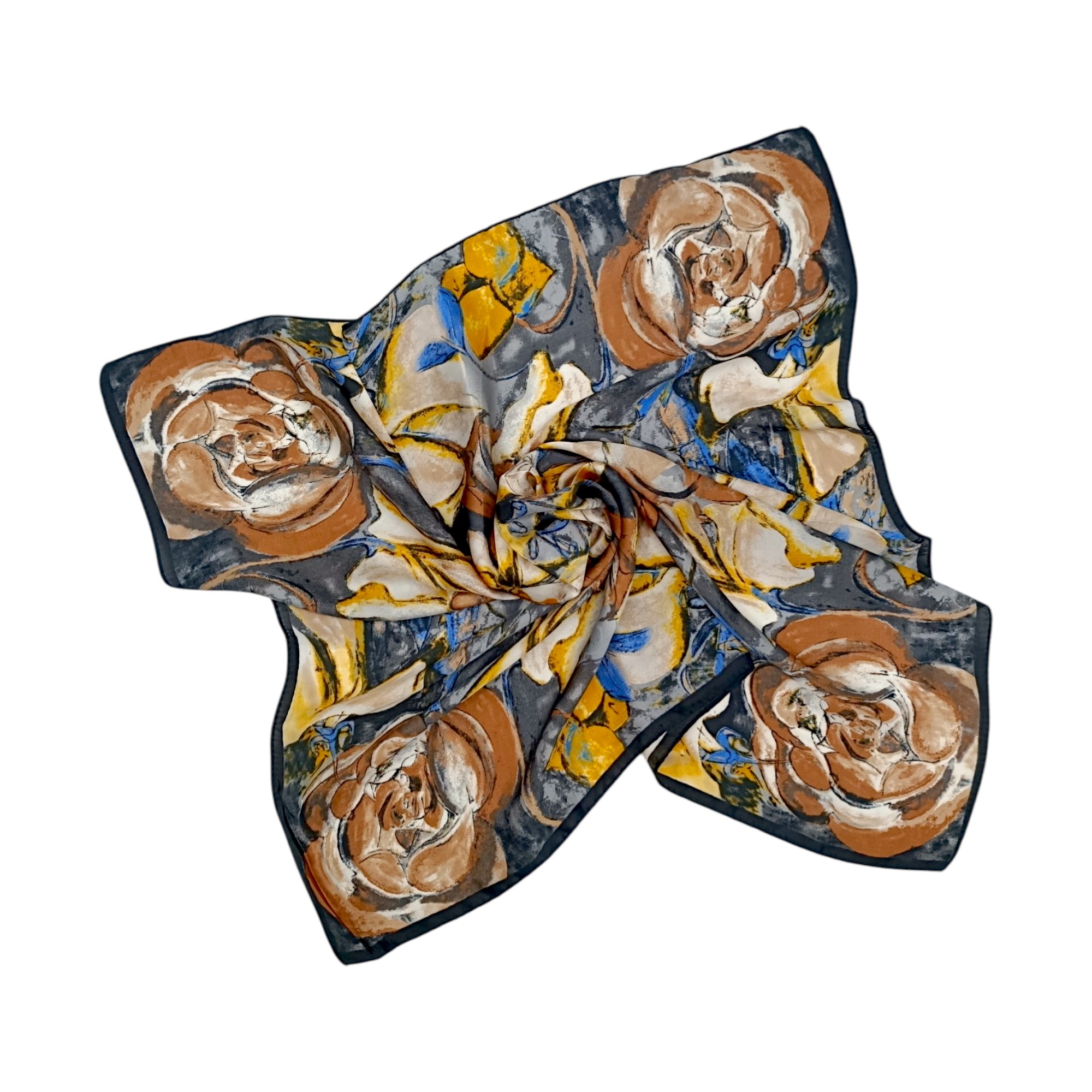 Eșarfă damă pătrată „Golden Mocha Noir” YF73-3 – 70x70 cm, 100% viscoză Print floral artistic, Cutie Cadou inclusă