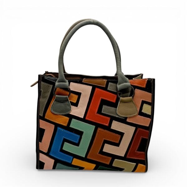 Geantă damă Jasmine 9935 din piele naturală – design geometric multicolor, stil artistic modern