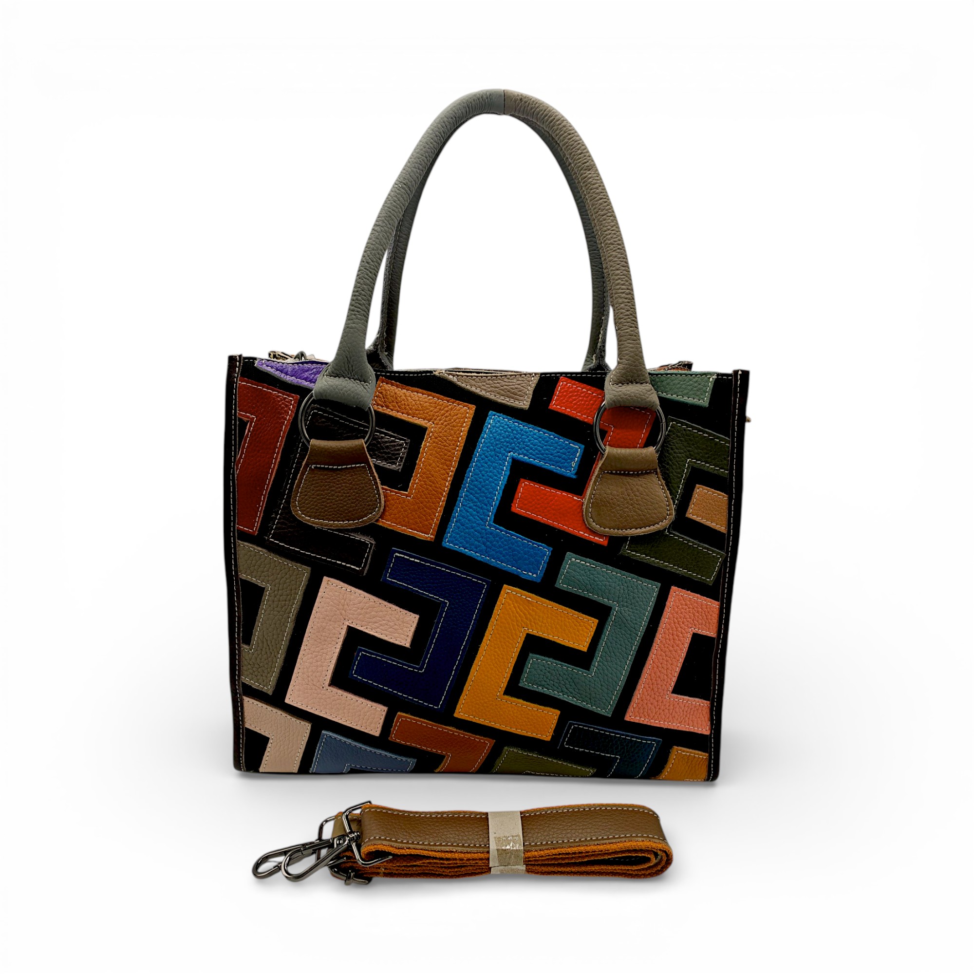 Geantă damă Jasmine 9935 din piele naturală – design geometric multicolor, stil artistic modern