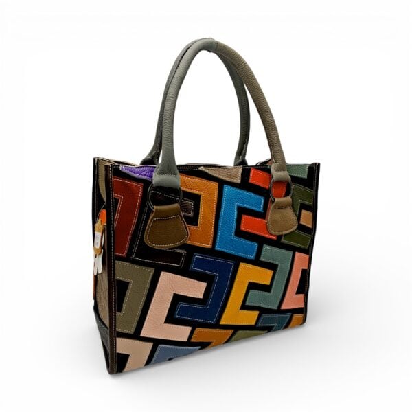 Geantă damă Jasmine 9935 din piele naturală – design geometric multicolor, stil artistic modern