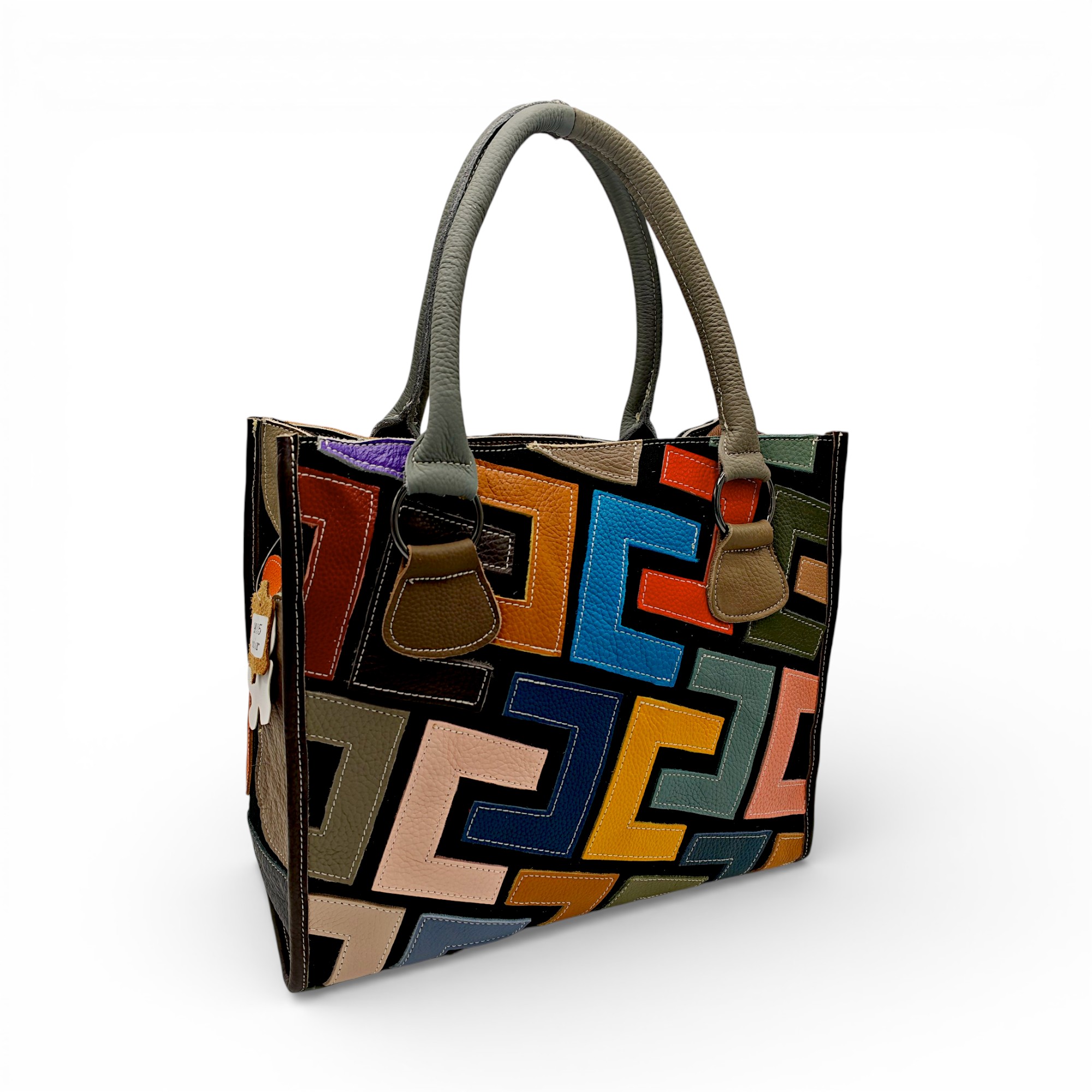 Geantă damă Jasmine 9935 din piele naturală – design geometric multicolor, stil artistic modern