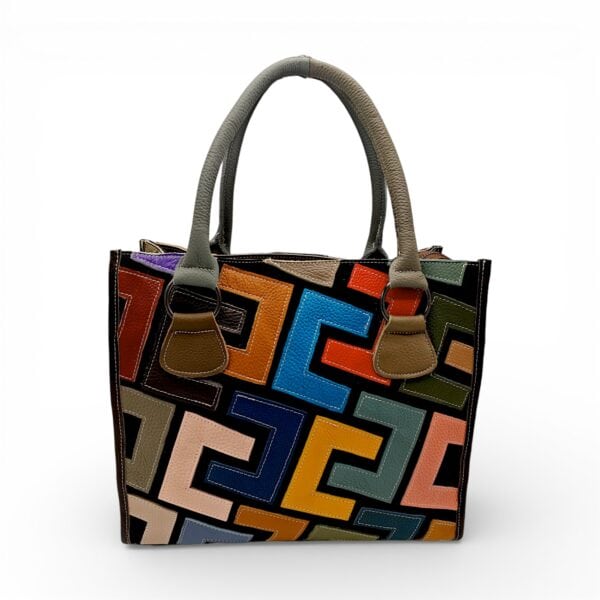 Geantă damă Jasmine 9935 din piele naturală – design geometric multicolor, stil artistic modern