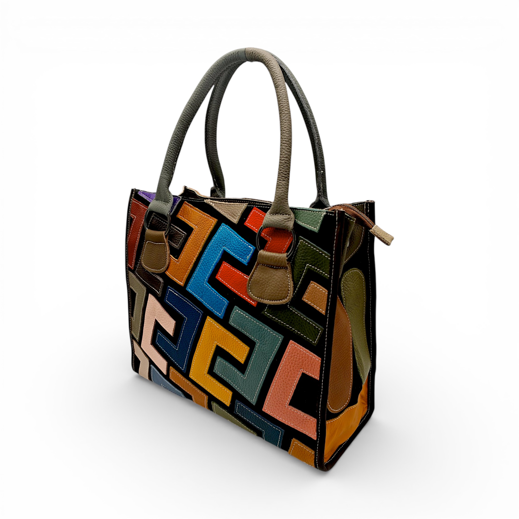 Geantă damă Jasmine 9935 din piele naturală – design geometric multicolor, stil artistic modern