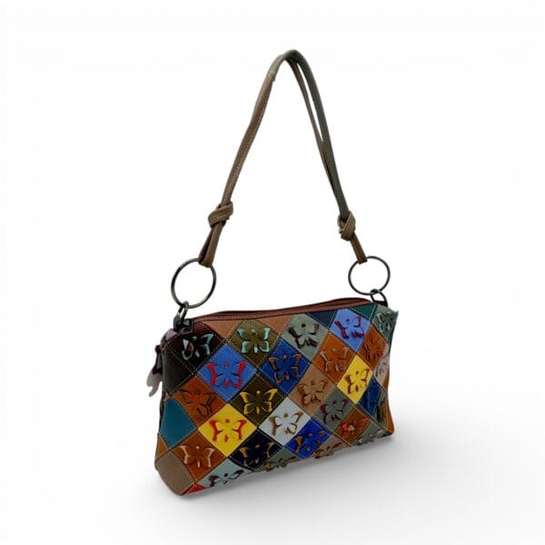 Geantă Damă Jasmine 9981-2 din Piele Naturală – Patchwork Multicolor cu Aplicații 3D tip Fluture