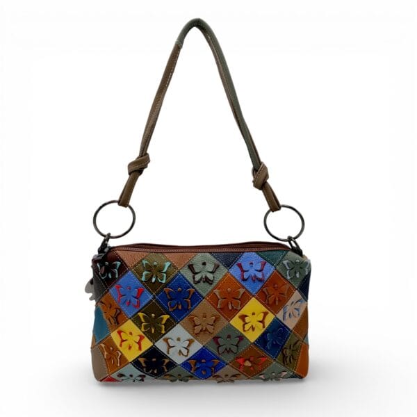 Geantă Damă Jasmine 9981-2 din Piele Naturală – Patchwork Multicolor cu Aplicații 3D tip Fluture