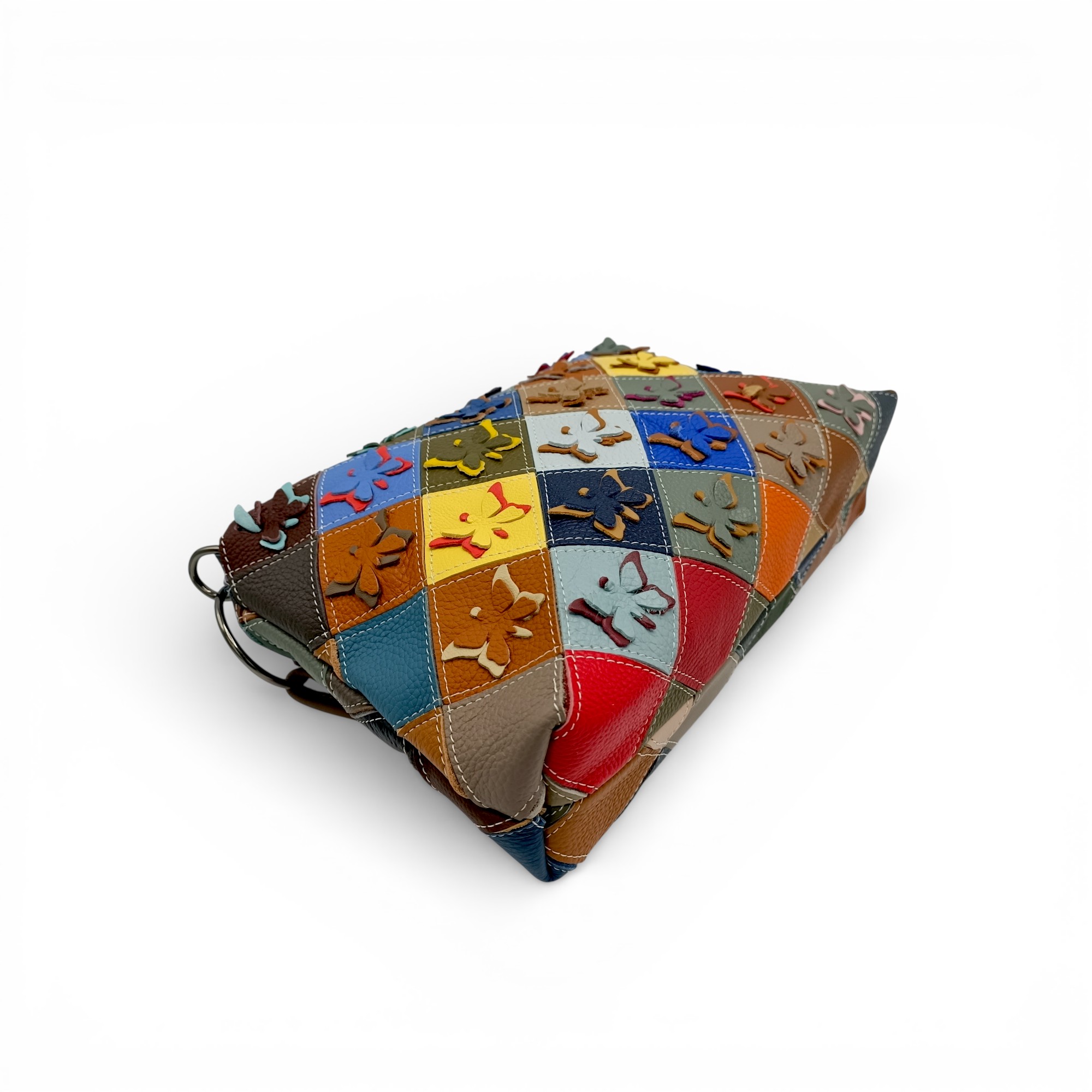 Geanta dama piele naturala Jasmine 9981-2 (6) Geantă Damă Jasmine 9981-2 din Piele Naturală – Patchwork Multicolor cu Aplicații 3D tip Fluture