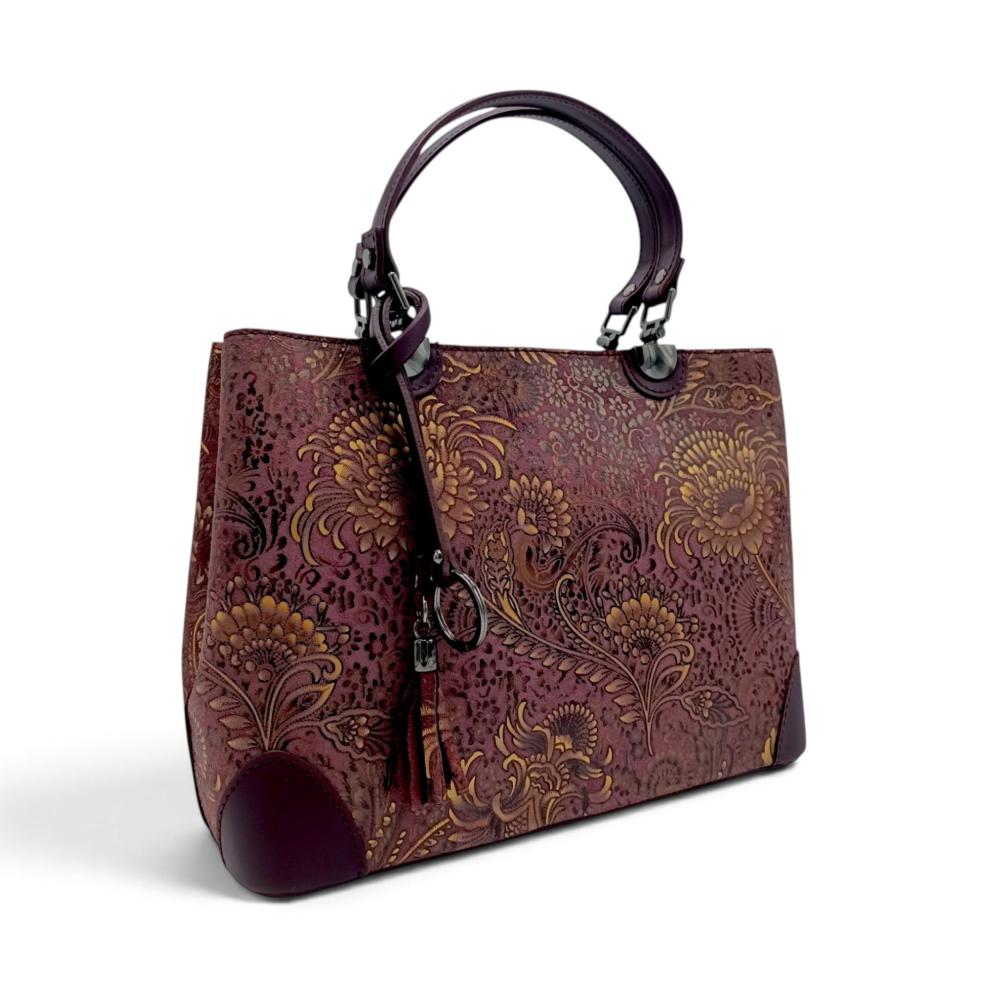 Geantă de lux din piele naturală în nuanță Oxblood cu detalii florale.
