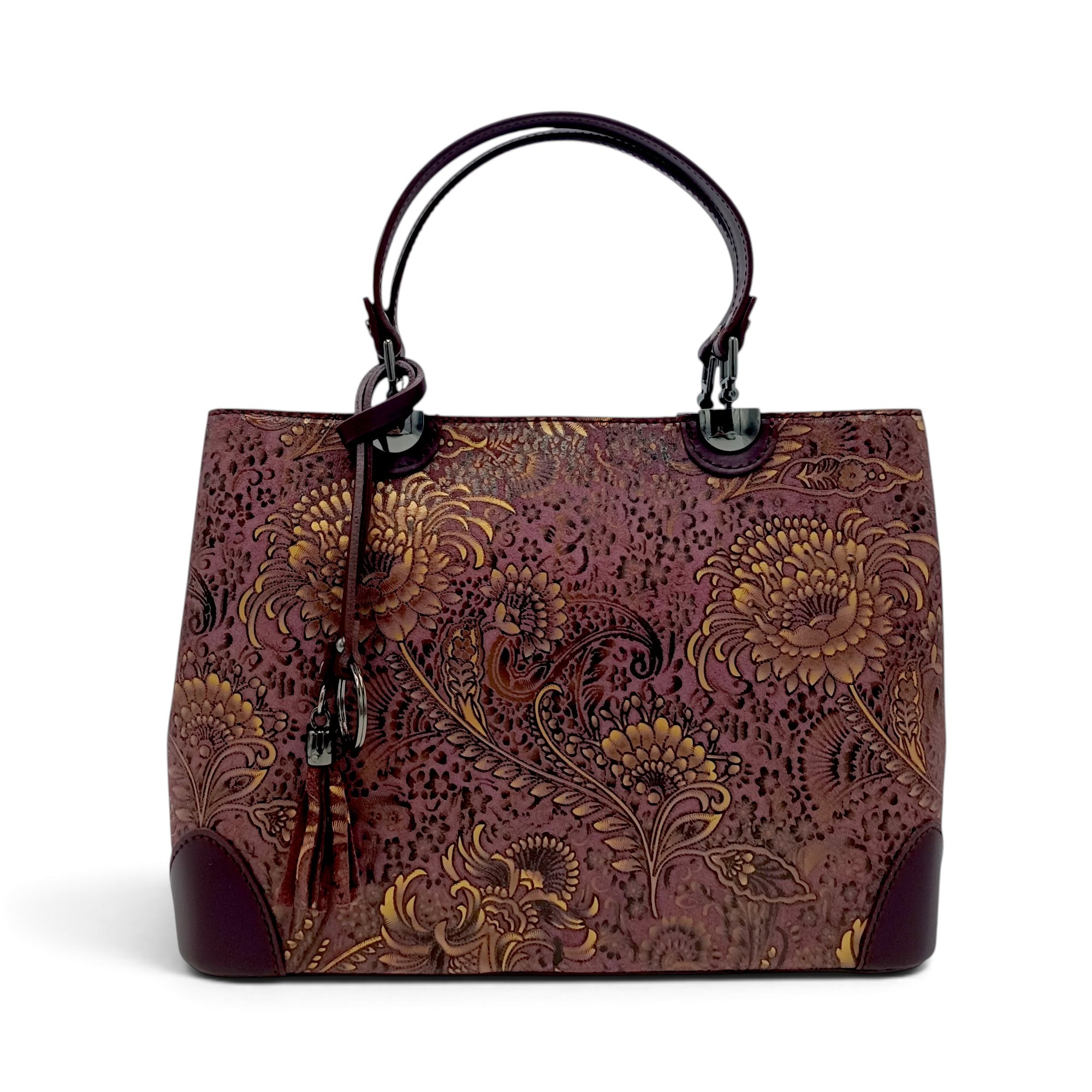 Geantă de lux din piele naturală în nuanță Oxblood cu detalii florale.