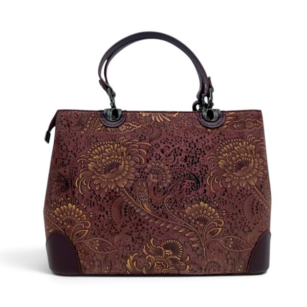 Geantă de lux din piele naturală în nuanță Oxblood cu detalii florale.