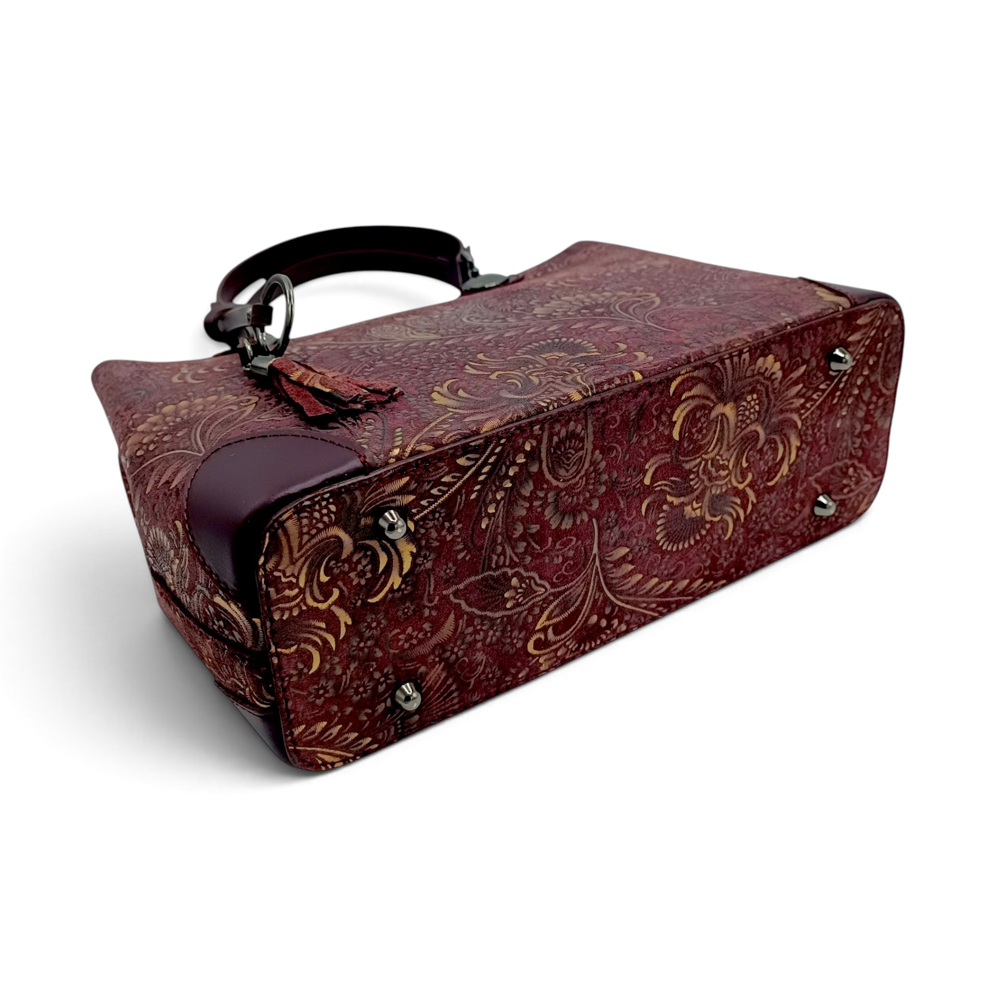 Geantă elegantă din piele naturală cu model floral în nuanță Oxblood.