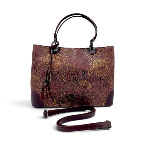 Geantă de lux din piele naturală în nuanță Oxblood cu detalii florale.