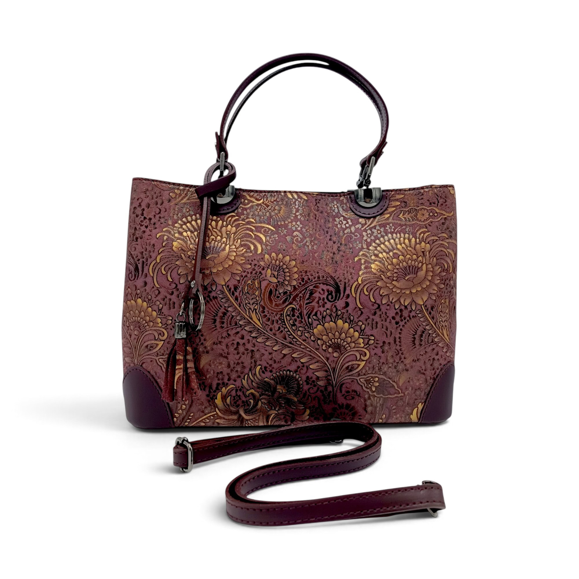 Geantă de lux din piele naturală în nuanță Oxblood cu detalii florale.