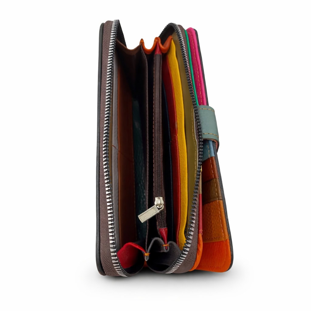 Portofel damă piele naturală – model multicolor Ivy HD6264, design patchwork cu fluturi