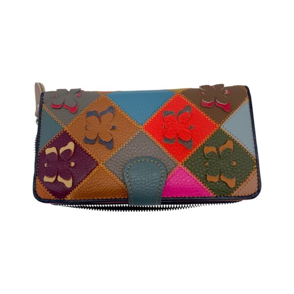 Portofel damă piele naturală – model multicolor Ivy HD6264, design patchwork cu fluturi